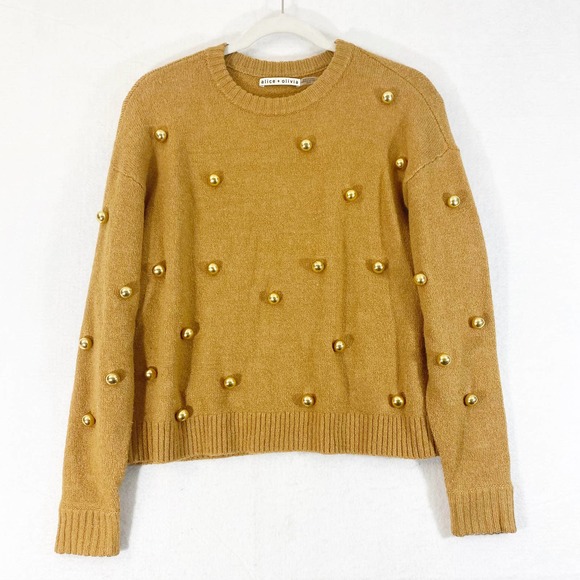 Alice + Olivia Sweater Medium Beige Tan Wool Gleeson Metal Ball Long Sleeve Crew - Picture 2 of 10